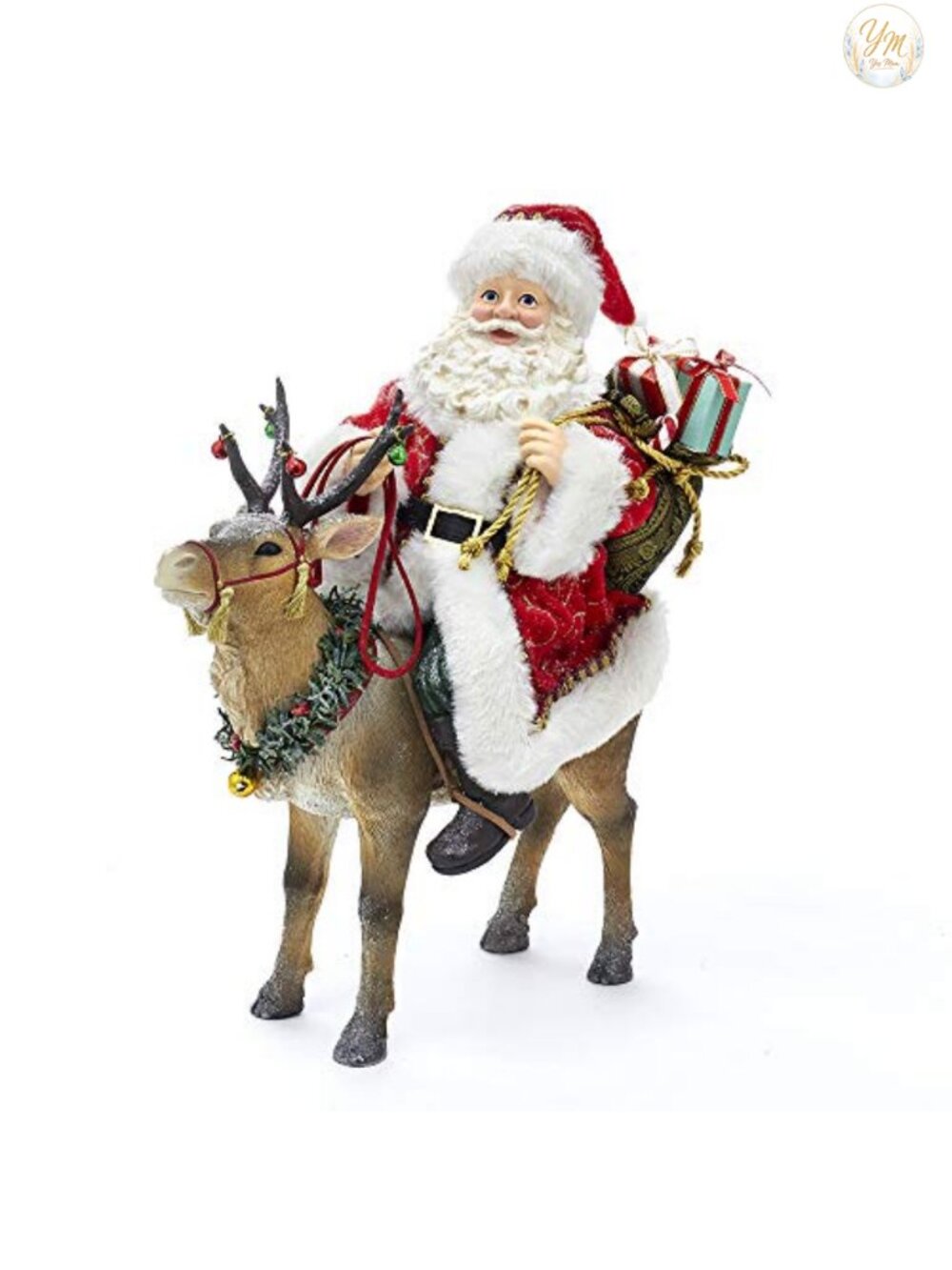Fabriché Santa on Reindeer Christmas Figurine Fabric Mache Holiday Decor
